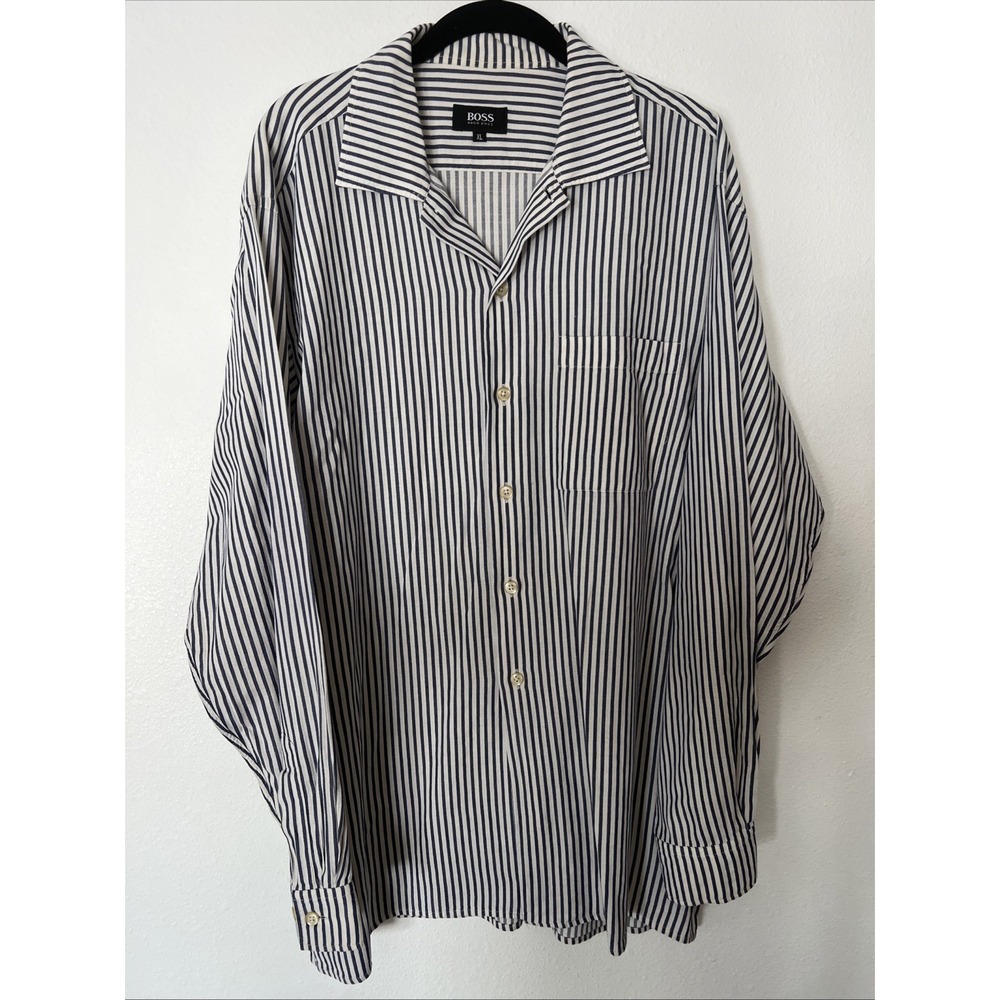 Boss Hugo Boss Men Size XL Blue Classic Stripe Button Down Long Sleeve Shirt